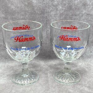 2 Vintage Hamm's Red Logo Beer Glass Pedestal Goblets 14oz